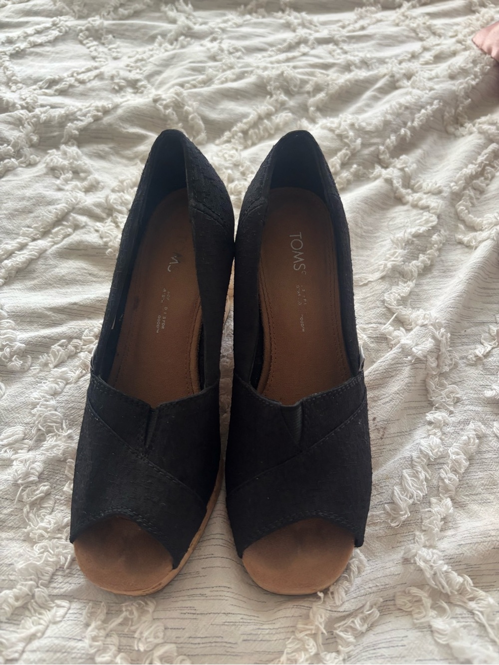 TOMS size 6 Black Suede Peep-Toe Wedge Heels